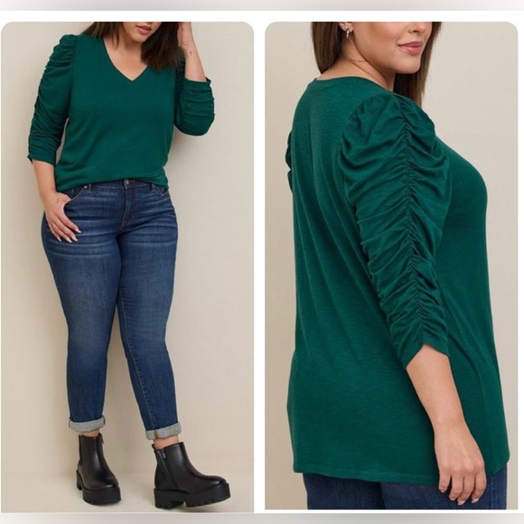 Torrid Super Soft Slub V-Neck Cinched Sleeve Tee Green - Picture 2 of 11